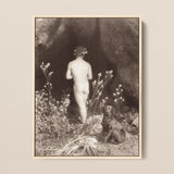 Naked Man Entering a Cave - Wilhelm Von Gloeden Art Print / Canvas Framed Black-and-white Photographic Nude Figure Floral Crown, Mythic