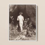 Naked Man Entering a Cave - Wilhelm Von Gloeden Art Print / Canvas Framed Sepia-toned Photograph Nude Figure Flowers Hair, Mythic Resonance