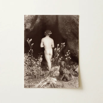 Naked Man Entering a Cave - Wilhelm Von Gloeden Art Print / Canvas Sepia-toned Photographic Print Nude Figure Floral Crown Cave Wilhelm