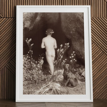 Naked Man Entering a Cave - Wilhelm Von Gloeden Art Print / Canvas White-framed Black-and-white Photographic Nude Figure Floral Crown,