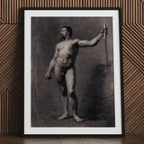 Naked Man with Spear - Mariano Fortuny Marsal Art Print / Canvas Black Framed Charcoal Nude Male Figure Staff, Captures Anatomy, Shadows