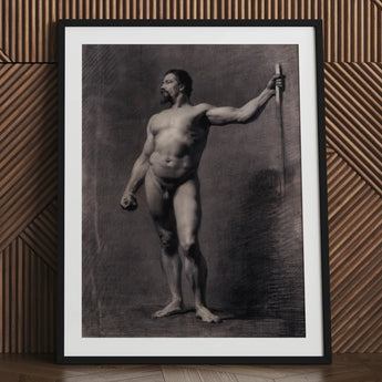 Naked Man with Spear - Mariano Fortuny Marsal Art Print / Canvas Black Framed Charcoal Nude Male Figure Staff, Captures Anatomy, Shadows