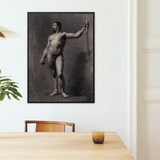 Naked Man with Spear - Mariano Fortuny Marsal Art Print / Canvas Black-framed Monochrome Artwork Muscular Bearded Male Figure Staff Mariano