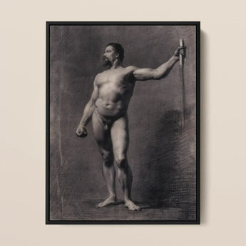 Naked Man with Spear - Mariano Fortuny Marsal Art Print / Canvas Black-framed Monochrome Print Muscular Nude Male Figure Staff Mariano
