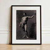 Naked Man with Spear - Mariano Fortuny Marsal Art Print / Canvas Black-framed Monochrome Sketch Muscular Bearded, Captures Anatomy,