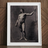 Naked Man with Spear - Mariano Fortuny Marsal Art Print / Canvas Black White Framed Nude Male Figure, Captures Anatomy, Charcoal Shadows