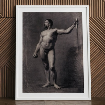 Naked Man with Spear - Mariano Fortuny Marsal Art Print / Canvas Black White Framed Nude Male Figure, Captures Anatomy, Charcoal Shadows