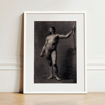Naked Man with Spear - Mariano Fortuny Marsal Art Print / Canvas Framed Black-and-white Muscular Male Figure Sword Encased, Captures