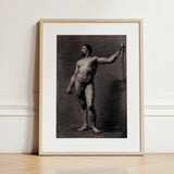 Naked Man with Spear - Mariano Fortuny Marsal Art Print / Canvas Framed Black-and-white Muscular Nude Male Figure Sword, Captures Anatomy,