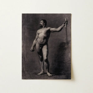 Naked Man with Spear - Mariano Fortuny Marsal Art Print / Canvas Monochromatic Charcoal Sketch Muscular Bearded Nude Staff, Captures