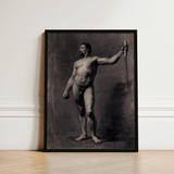 Naked Man with Spear - Mariano Fortuny Marsal Art Print / Canvas Black-framed Monochrome Muscular Nude Male Figure Staff, Captures Anatomy,