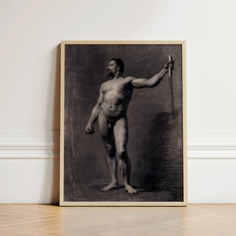 Naked Man with Spear - Mariano Fortuny Marsal Art Print / Canvas Framed Black-and-white Muscular Male Figure Sword Encased, Captures