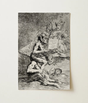 Detailed Black-and-white Dramatic Scene Figures Torment Rendered Textured Goya’s Acid Etching, Skewers, Naked Witch Carried