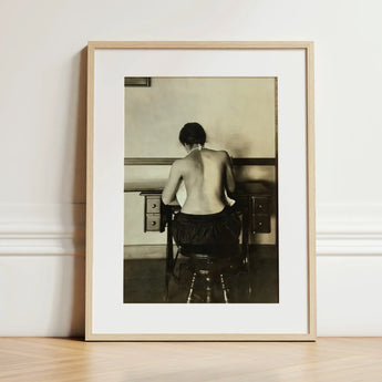 Naked Woman Sewing Lewis Hine Art Print / Canvas Minimalist Wooden-framed Black-and-white Photographic Seated Desk, Shot, American Social