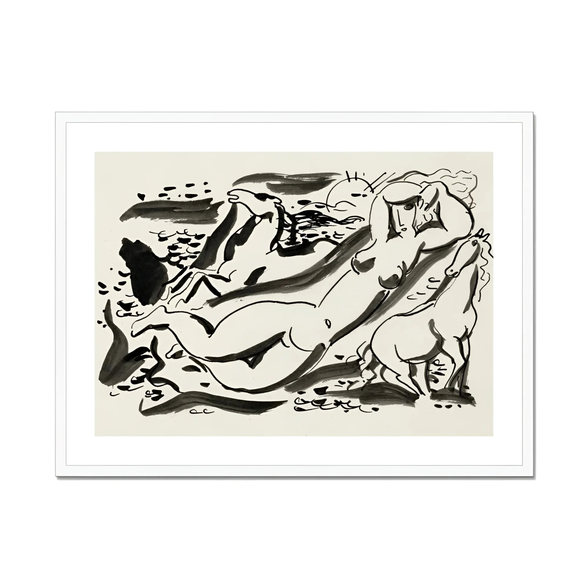 Naked Woman & Two Horses with the Sea - Leo Gestel Art Print, Black White Abstract Ink Nude Figures Horses Motion