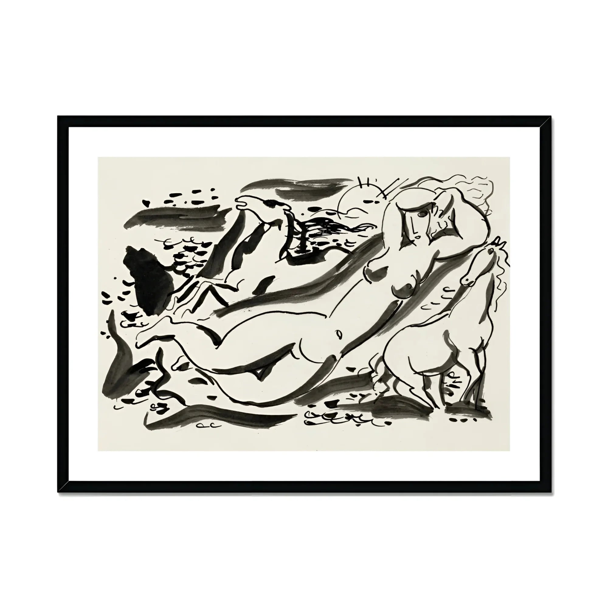 Naked Woman & Two Horses with the Sea - Leo Gestel Art Print, Black White Abstract Ink Nude Figures Horses Motion
