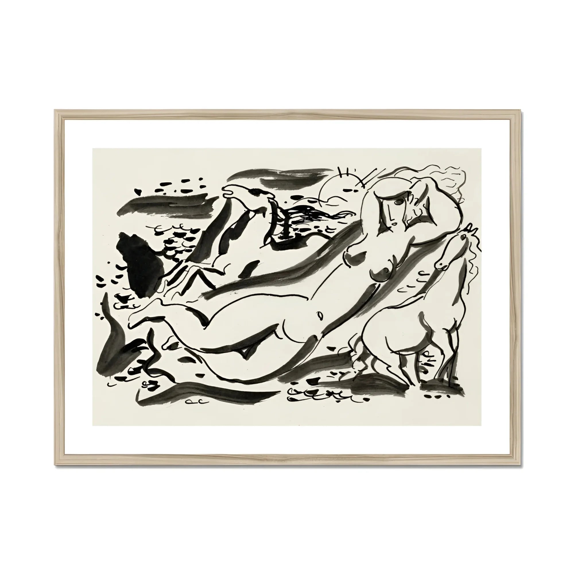 Naked Woman & Two Horses with the Sea - Leo Gestel Art Print, Black White Abstract Ink Nude Figures Horses Motion
