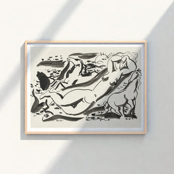 Minimalist Wooden-framed Artwork Bold Black Ink Sketch Abstracted Leo Gestel Art, Gestel’s Naked Woman, Sea Beckons