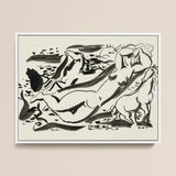 Naked Woman & Two Horses with the Sea - Leo Gestel Art Print / Canvas Black Ink Abstract Painting Cream-colored Paper Framed Simple,