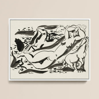 Naked Woman & Two Horses with the Sea - Leo Gestel Art Print / Canvas Black Ink Abstract Painting Cream-colored Paper Framed Simple Leo