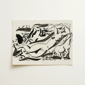 Naked Woman & Two Horses with the Sea - Leo Gestel Art Print / Canvas Black Ink Abstract Off-white Paper Nude Figure Horse, Gestel’s,