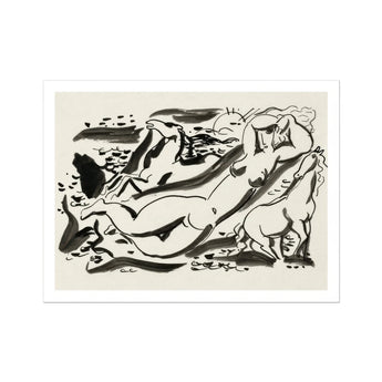 Naked Woman & Two Horses with the Sea - Leo Gestel Art Print / Canvas Black White Ink Abstract Figures Forms Dynamic Composition, Gestel’s,