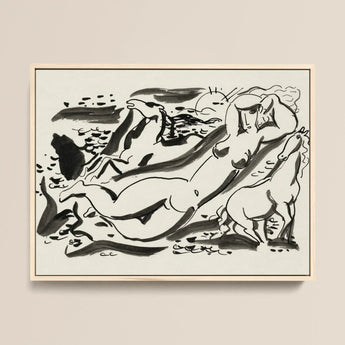 Naked Woman & Two Horses with the Sea - Leo Gestel Art Print / Canvas Black White Ink Light Wood Frame Abstracted Figures Leo Gestel Art,