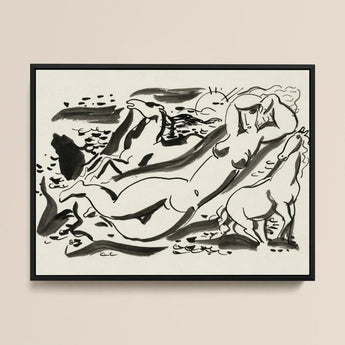Naked Woman & Two Horses with the Sea - Leo Gestel Art Print / Canvas Black White Ink Sleek Frame Abstracted Figures Nude, Gestel’s,