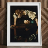 Narcissus - Caravaggio Art Print / Canvas White-framed Reproduction Caravaggio’s ?The Saint Matthew” Dramatic Chiaroscuro, Boy’s Body, Closed