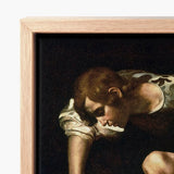 Narcissus - Caravaggio Greek Myth Art Print / Canvas Framed Classical Painting Figure Reddish-brown Hair, Caravaggio’s, Boy’s Body, Closed