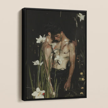 Nature / Nurture - Secret Gay Lovers Framed Canvas, Framed Painting Two Shirtless Men White Flowers