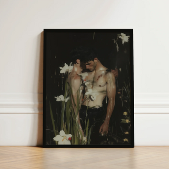 Black-framed Artwork Two Shirtless Men Dark Floral White Gay Seduction Rendezvous, Hush, Art Print