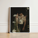 Framed Artwork Two Shirtless Men Dark Moody Scene Gay Seduction Rendezvous, Floral Hush, Art Print