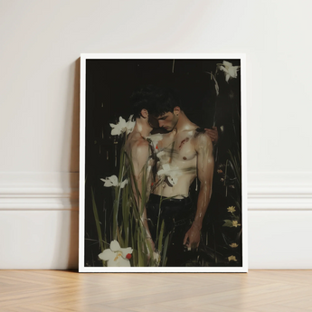 Framed Artwork Two Shirtless Men Dark Moody Scene Gay Seduction Rendezvous, Floral Hush, Art Print
