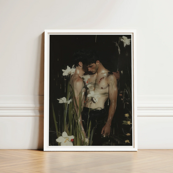 White-framed Art Print Two Shirtless Men Dark Floral Gay Seduction Rendezvous, Hush