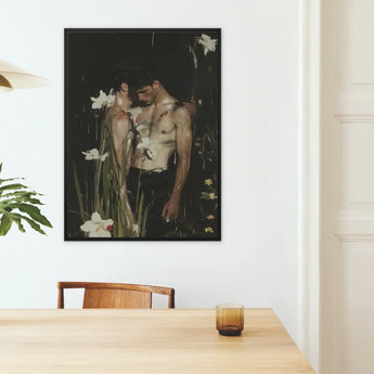 Nature / Nurture - Gay Seduction Rendezvous Art Print / Canvas Black-framed Artwork Two Shirtless Men Surrounded White Lilies Gay Seduction