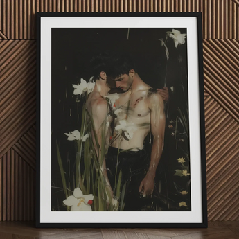 Nature / Nurture - Gay Seduction Rendezvous Art Print / Canvas Black-framed Art Print White Mat Intimate Painting Two Gay Seduction