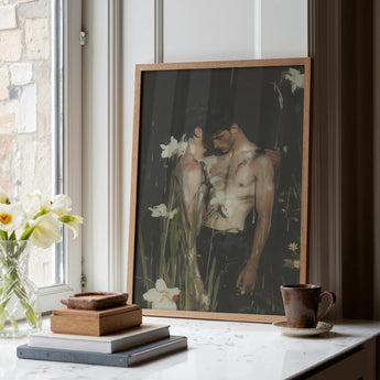Nature / Nurture - Gay Seduction Rendezvous Art Print / Canvas Framed Artwork Two Shirtless Men Dark Floral White Gay Seduction Rendezvous,