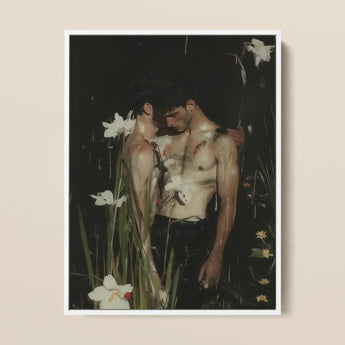 Nature / Nurture - Gay Seduction Rendezvous Art Print / Canvas Framed Art Print Two Shirtless Men Dark Water-drenched Gay Seduction