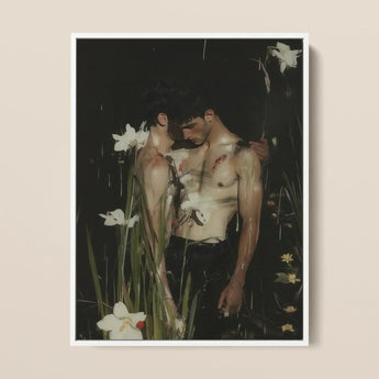 Nature / Nurture - Gay Seduction Rendezvous Art Print / Canvas Framed Two Shirtless Men Dark Water-drenched, Floral Hush, Prints