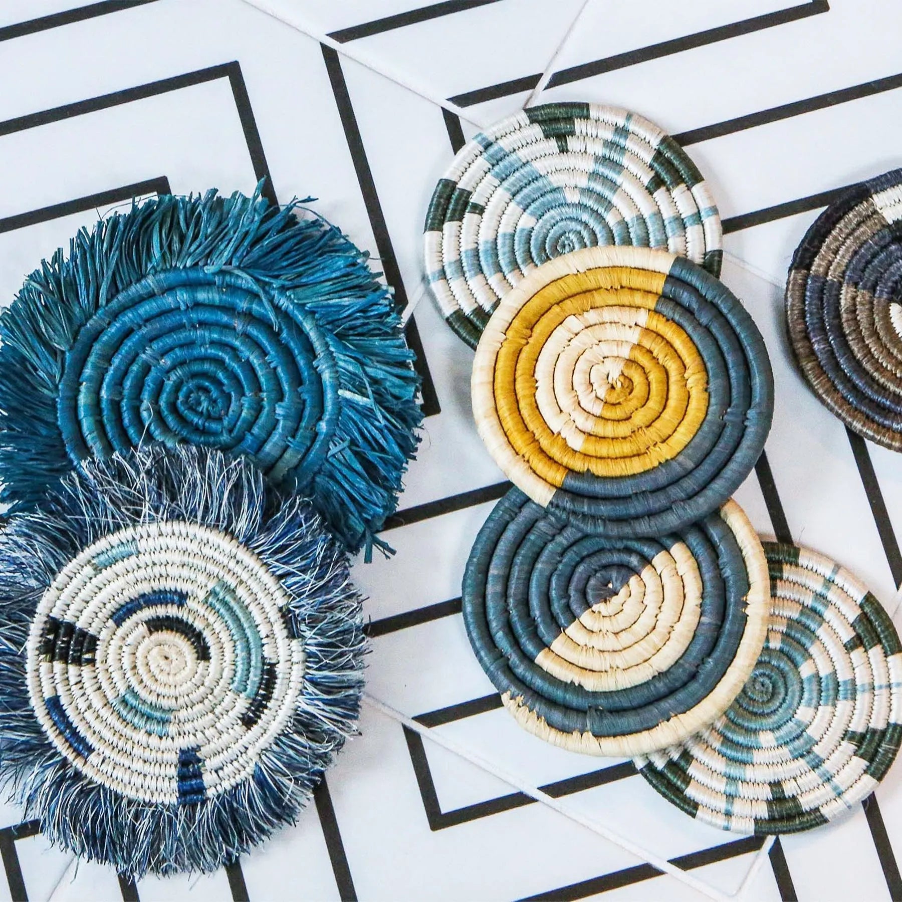 Niagara Fringed Raffia Drink Coasters Set Of 4 - Artisan Tableware - Kazi Goods
