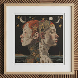 Nightingales - Lesbian Twins Art Print, 12x12’’ / 31x31cm / Natural Frame / 2’’ Matboard, Framed Artwork Two Celestial-themed Profiles
