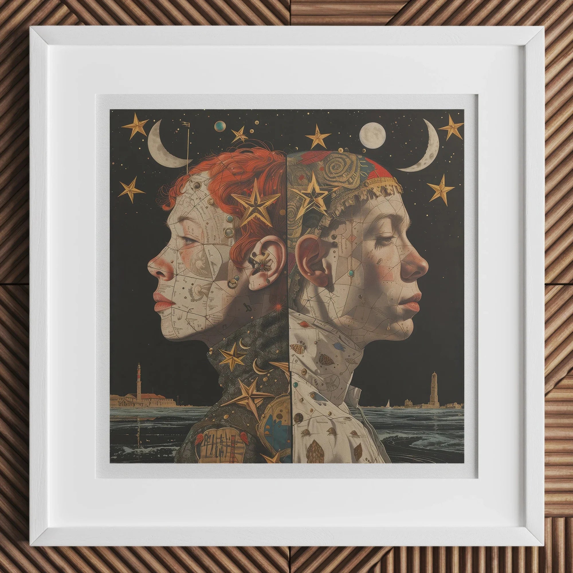 Nightingales - Lesbian Twins Art Print, 12x12’’ / 31x31cm / White Frame / 2’’ Matboard, Framed Surrealist Artwork Two Conjoined Profiles