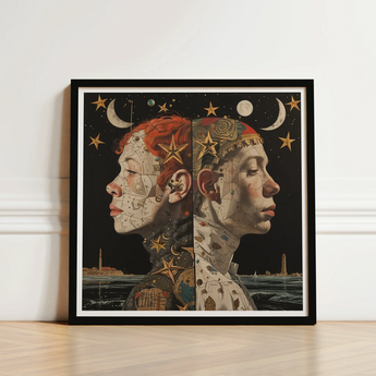 Black-framed Artwork Two Profiled Faces Celestial Motifs Intricate Lesbian Twins Art, Print, Bold Statements