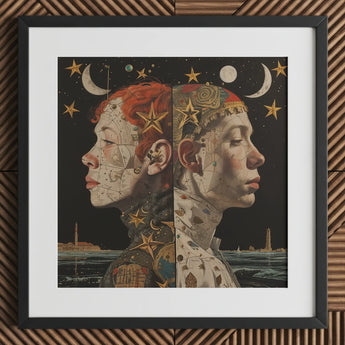 Nightingales - Lesbian Twins Art Print / Canvas Black-framed Artwork Two Profiled Faces Split Middle Red, Bold Statements Prints