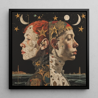 Nightingales - Lesbian Twins Art Print / Canvas Black-framed Artwork Two Profiled Faces Starry Night Sky Lesbian Twins Art, Art Print, Bold