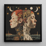 Nightingales - Lesbian Twins Art Print / Canvas Black-framed Artwork Two Profiled Faces Starry Night Sky, Bold Statements Prints