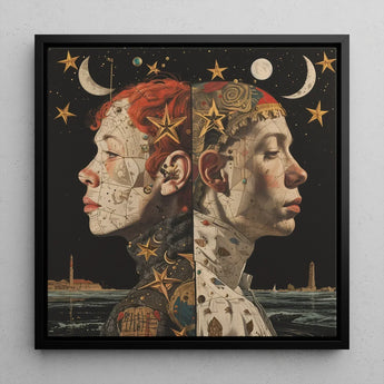 Nightingales - Lesbian Twins Art Print / Canvas Black-framed Artwork Two Profiled Faces Starry Night Sky, Bold Statements Prints