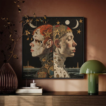Nightingales - Lesbian Twins Art Print / Canvas Framed Artwork Two Profiled Faces Celestial Intricate Design, Bold Statements Prints