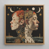 Nightingales - Lesbian Twins Art Print / Canvas Framed Artwork Two Side-by-side Profiles Celestial Map-like Patterns, Bold Statements Prints